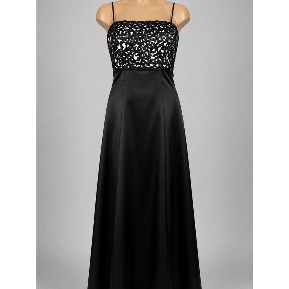 Cachet Black Satin Formal Gown Beaded Lace Evening Prom Dress Size 10